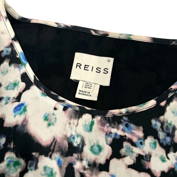 Reiss Sz 8 Medium Dress in Multicolor w Black White and Blue Floral Print Knee-l - Picture 4 of 14